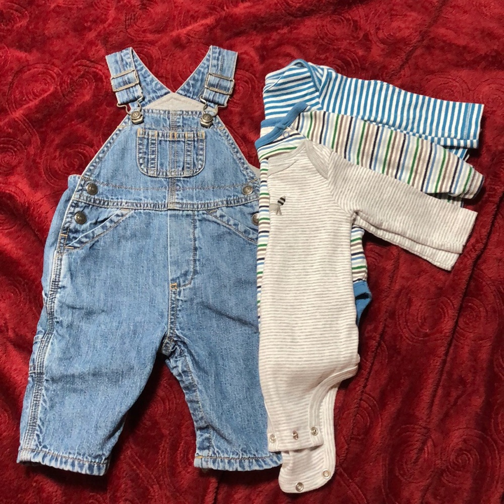 Bundle 3-6 months overalls (lined) and 3 onesies